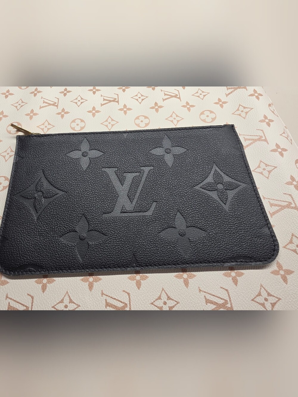 Louis Vuitton Neverfull Black Embossed Monogram Pouch with Gold Zipper - Picture 7 of 12